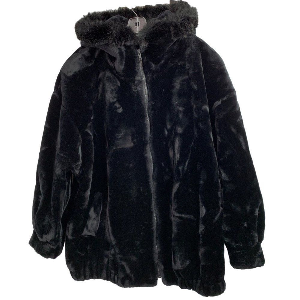 Jacobson's Vintage Faux Fur Zip Jacket Size 14 EUC Hood Black Plush Winter 6404